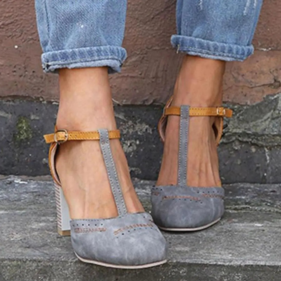 Women's Orthopaedic T-Bar Block Heeled Shoes Ankle Strap