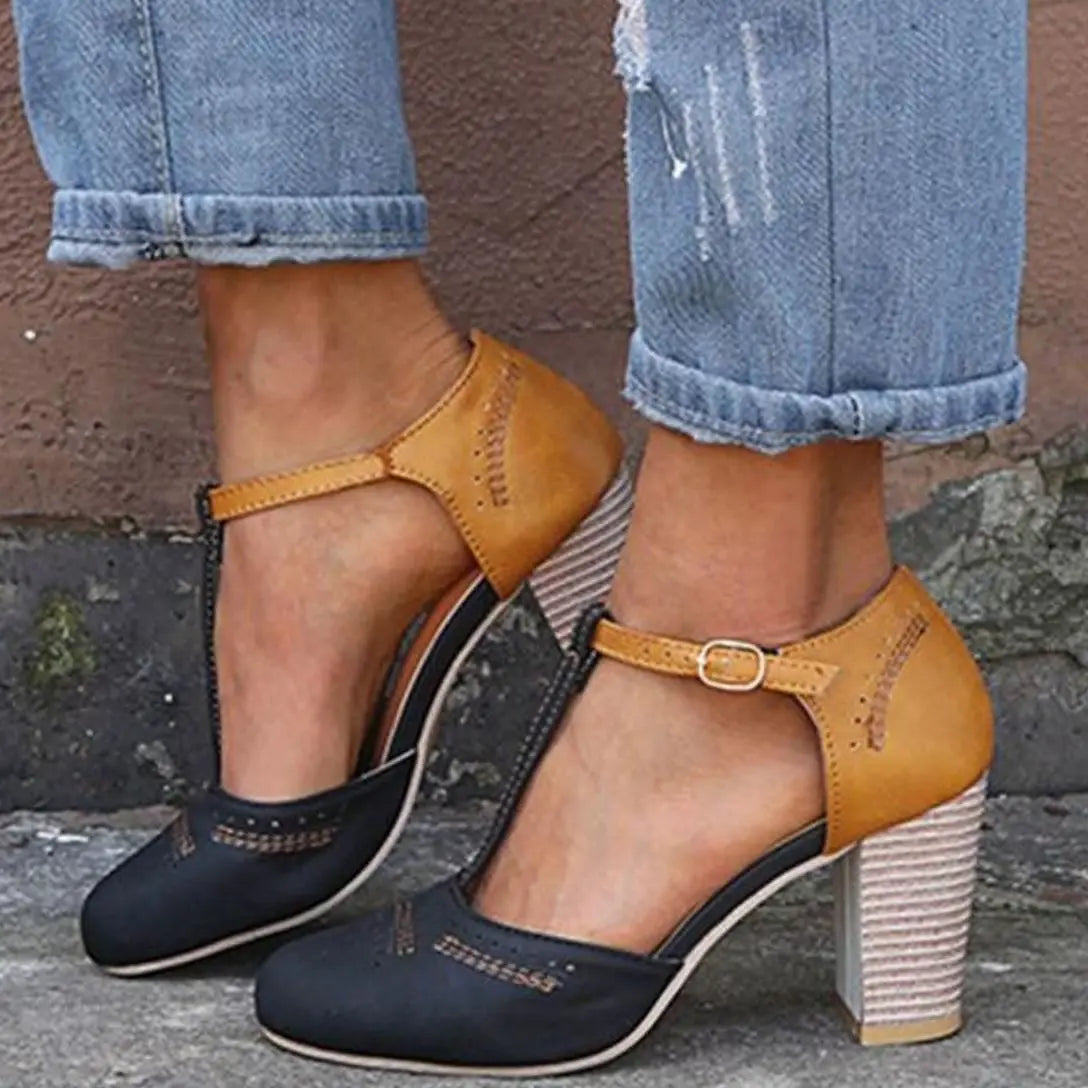 Women's Orthopaedic T-Bar Block Heeled Shoes Ankle Strap - Black