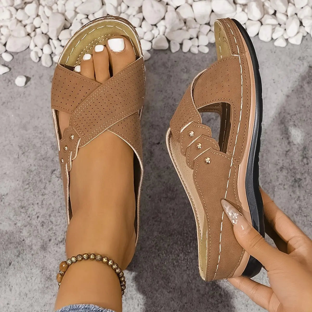Women's Orthopedic Crossover Wedge Slide Sandals - Brown