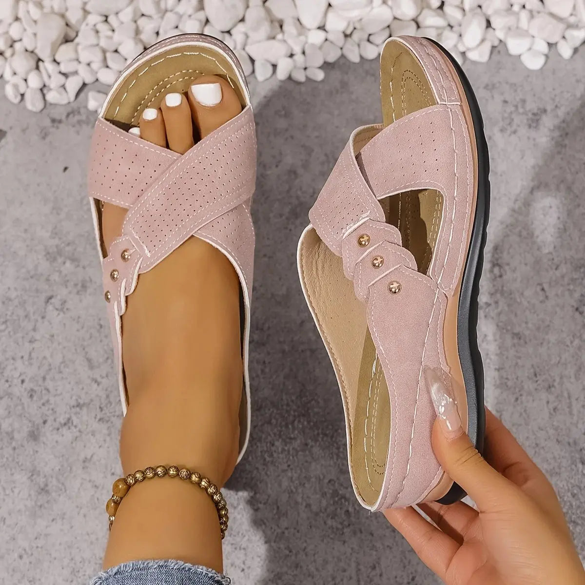 Women's Orthopedic Crossover Wedge Slide Sandals - Pink