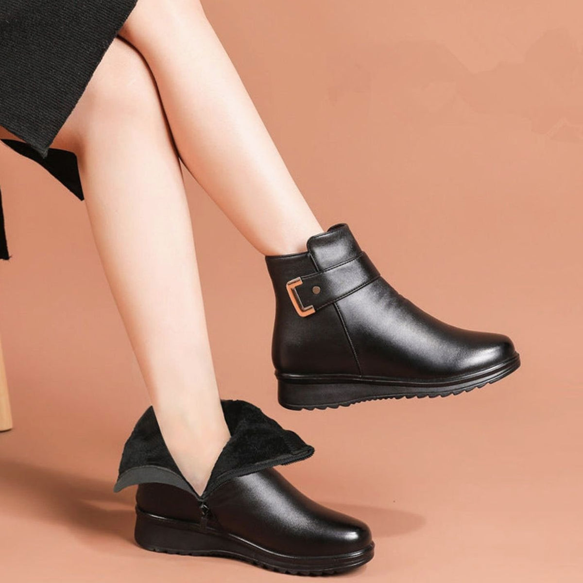Women's Orthopedic Fur-Lined Wedge Black Ankle Boots