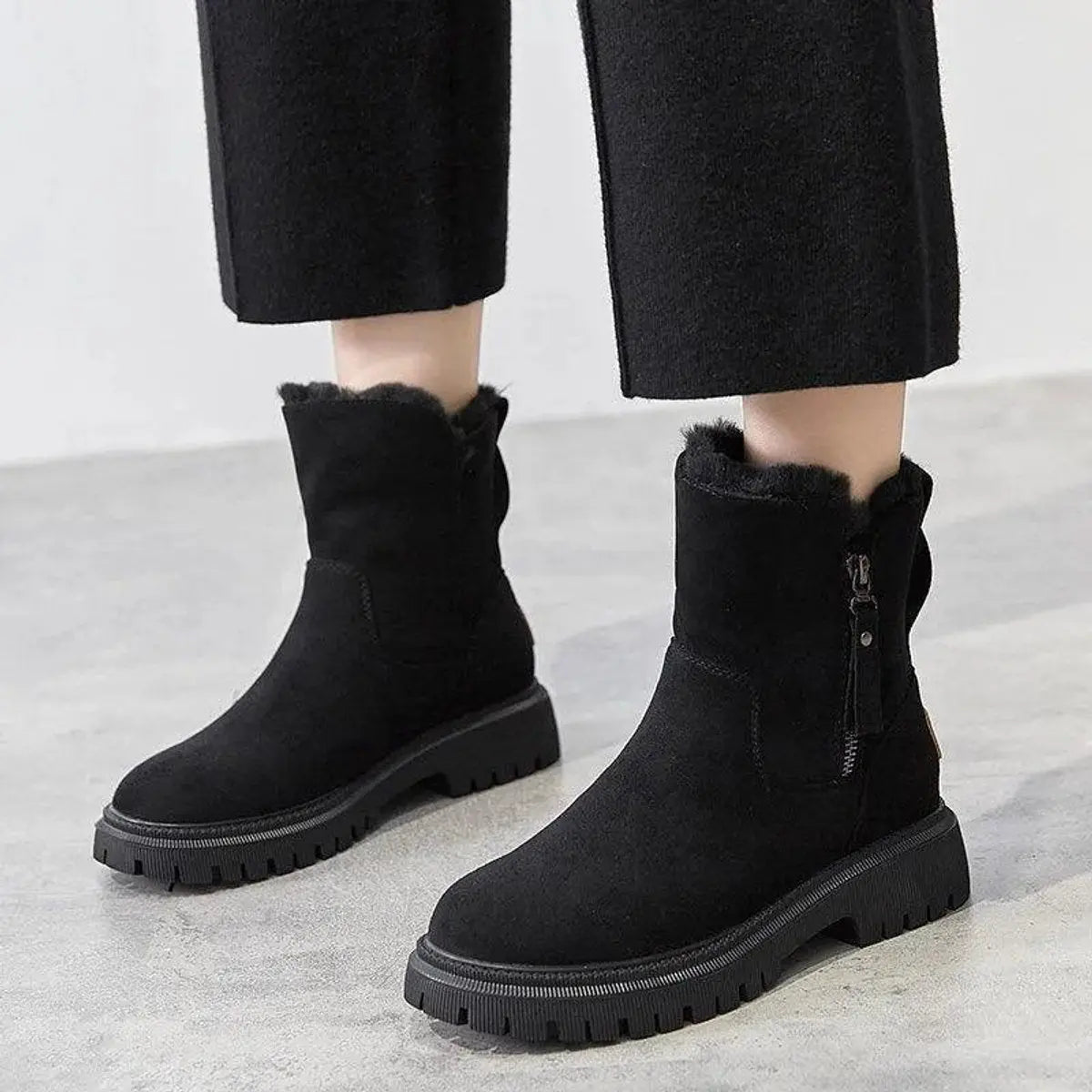 Women's Orthopedic Fur-Lined Zip-Up Ankle Boots - Black
