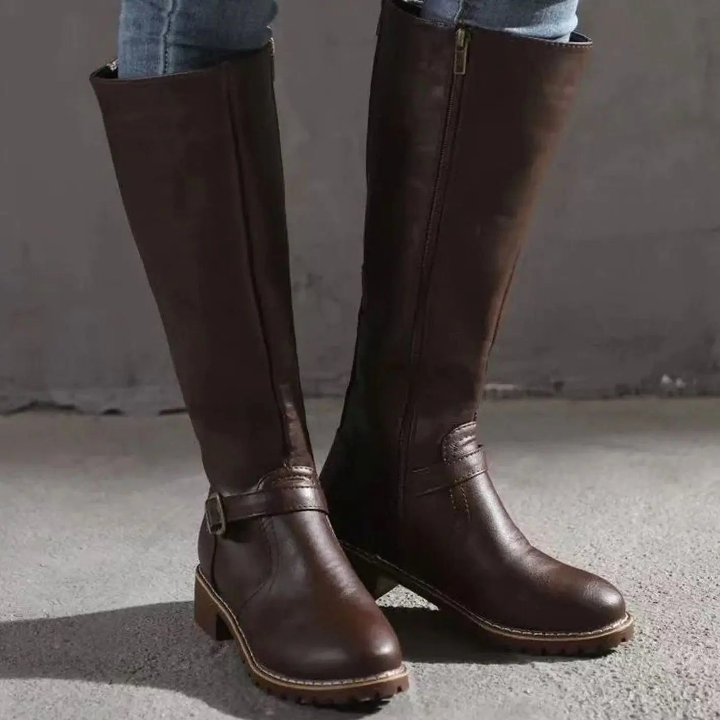 Women's Orthopedic Knee-High Buckle Leather Boots - Dark Brown