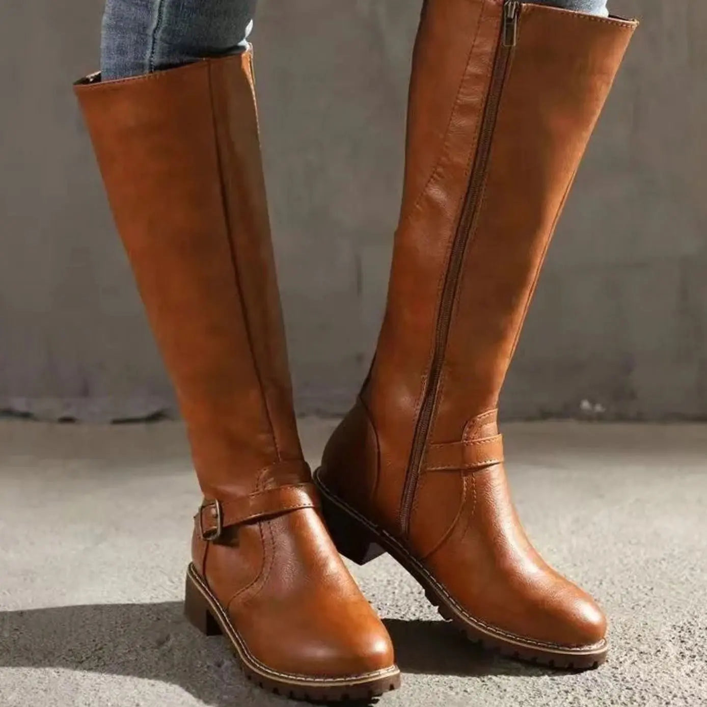 Women's Orthopedic Knee-High Buckle Leather Boots - Light Brown