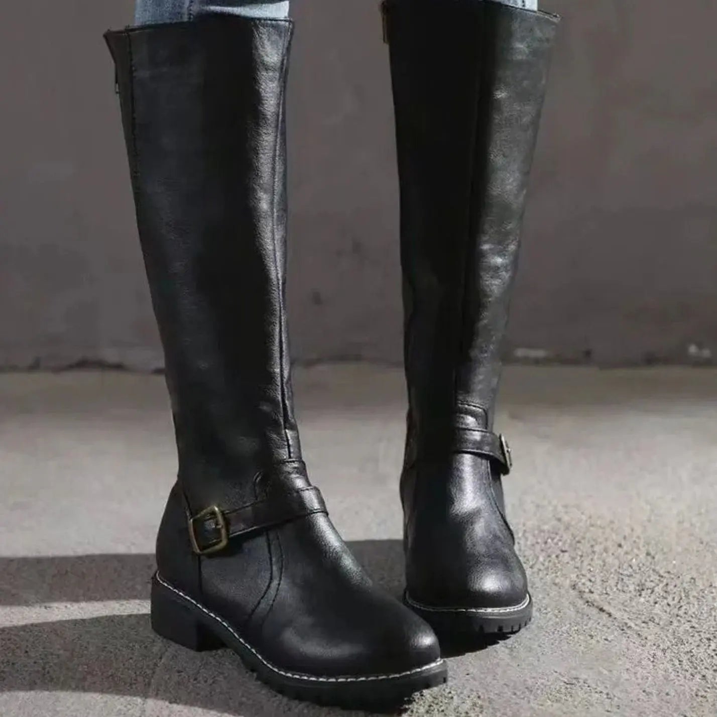 Women's Orthopedic Knee-High Buckle Leather Boots - Black