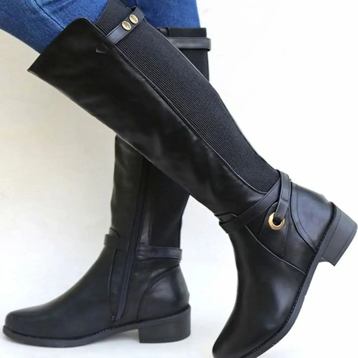Women's Orthopedic Knee-High Elastic Panel Leather Boots - Black
