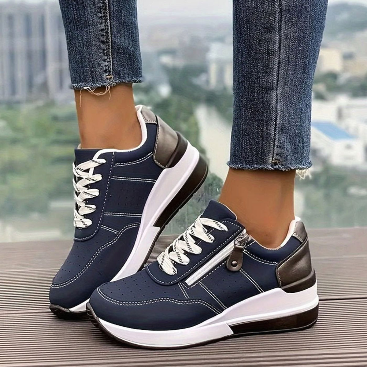 Women's Orthopedic Lace-Up Side-Zip Platform Trainers - Blue
