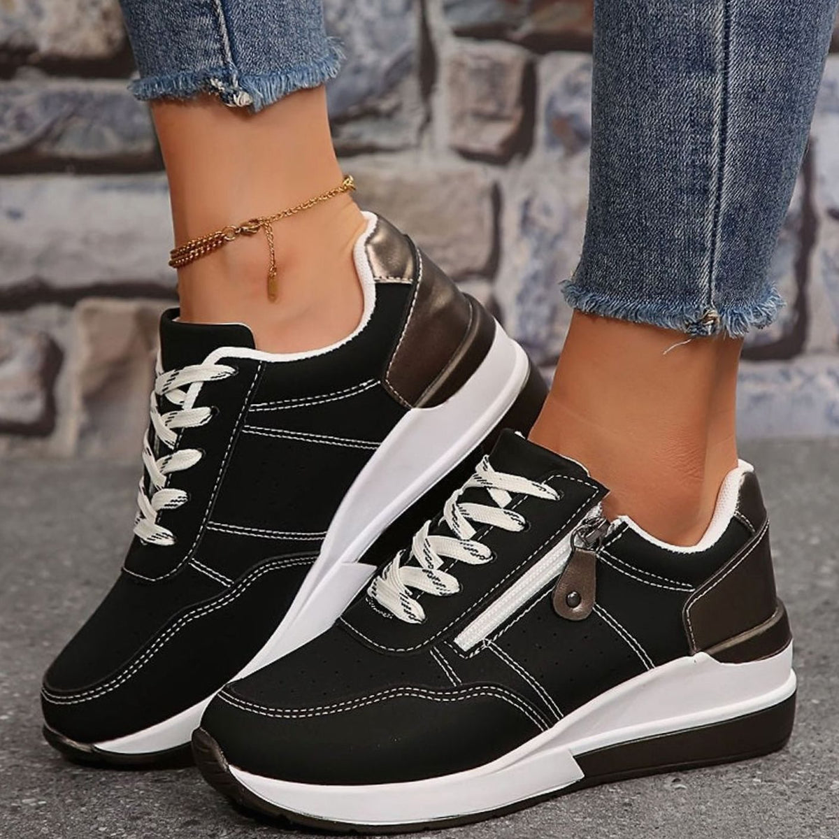 Women's Orthopedic Lace-Up Side-Zip Platform Trainers - Black