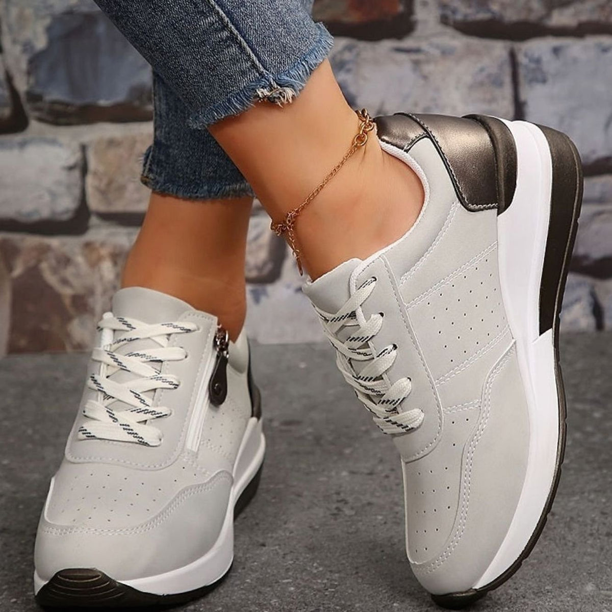 Women's Orthopedic Lace-Up Side-Zip Platform Trainers - Grey