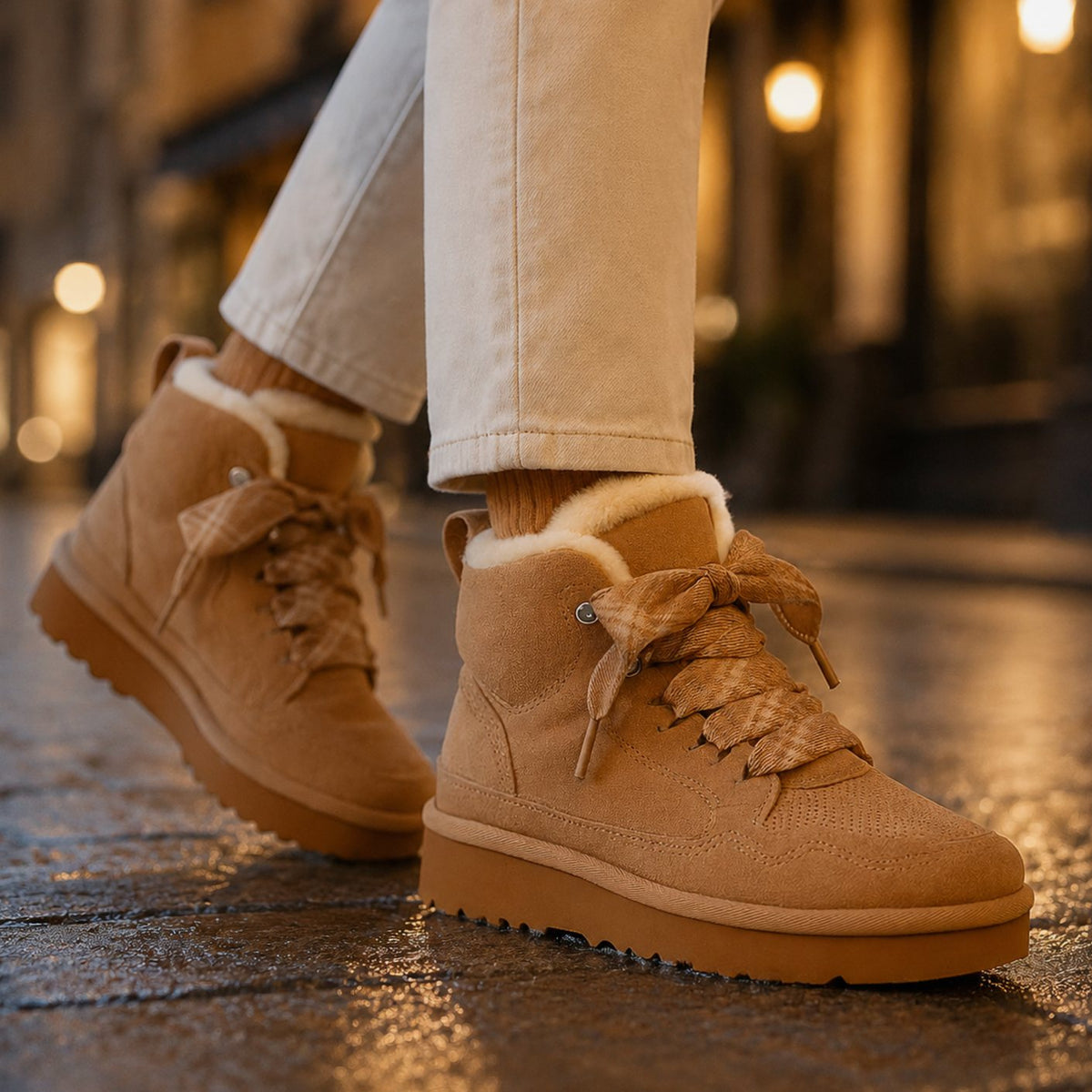Women's Orthopedic Lace-Up Suede Ankle Boots Platform Sole - Camel Brown