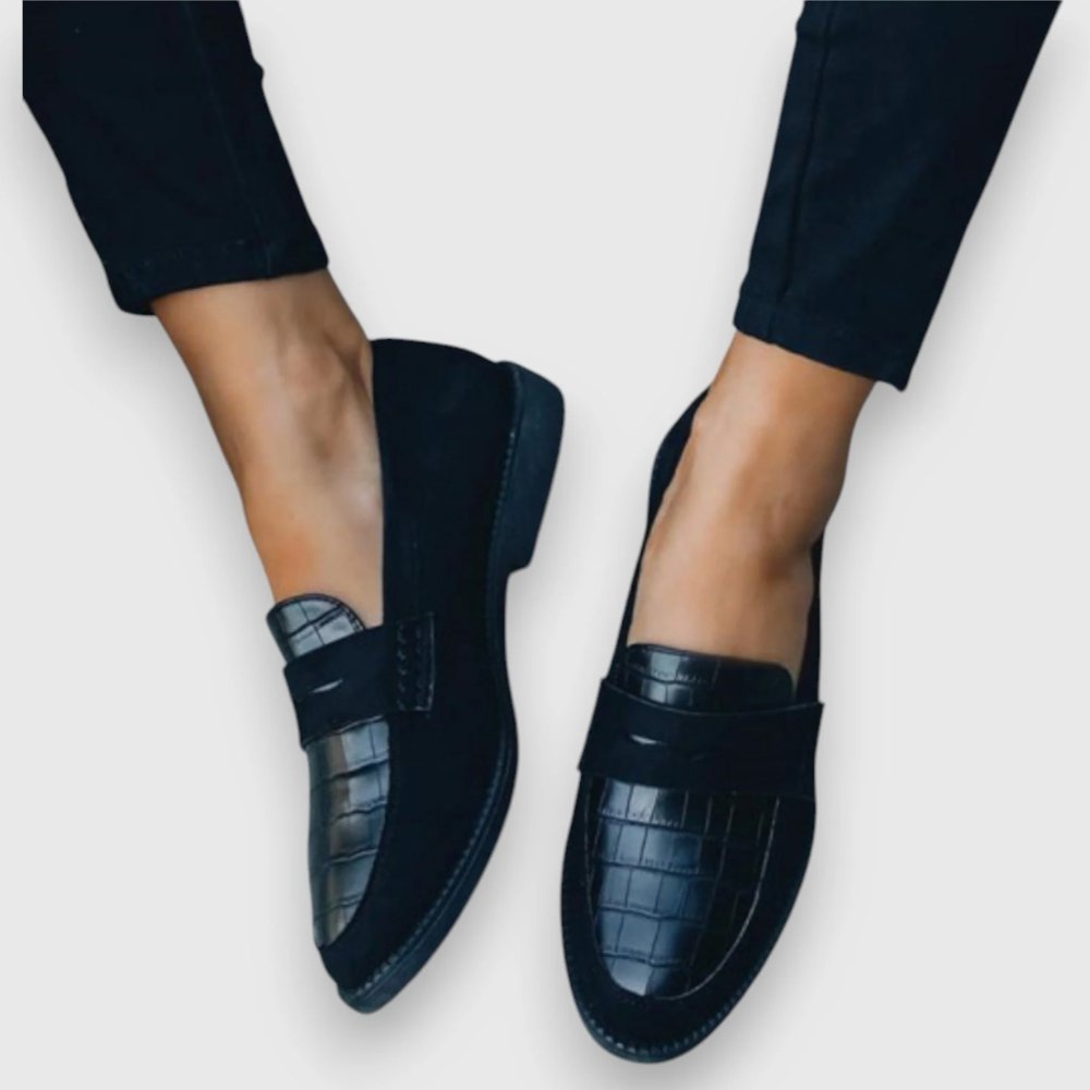 Women's Orthopedic Loafers Black Croc Embossed Leather