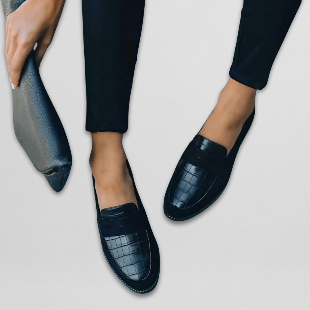 Women's Orthopedic Loafers Black Croc Embossed Leather