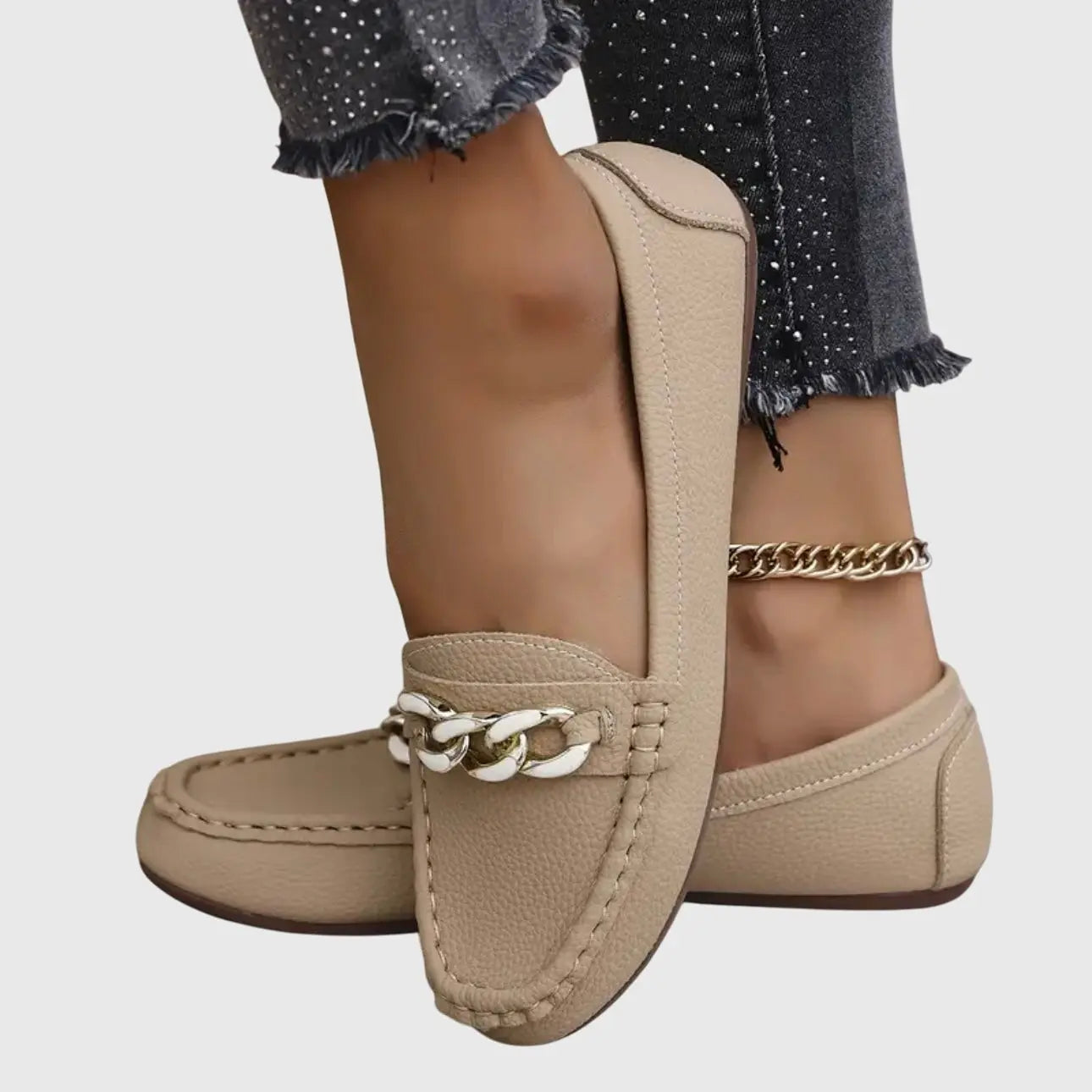 Women's Orthopedic Loafers Chain Detail Slip-On Comfort - Beige