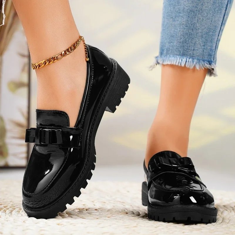 Women's Orthopedic Loafers Patent Leather Bow Detail