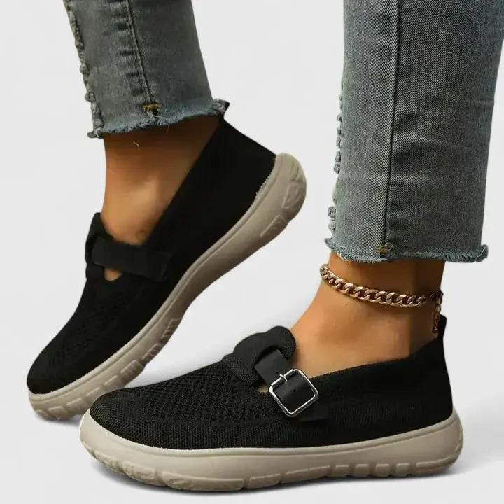 Women's Orthopedic Loafers Slip-On Comfort Buckle Strap - Black