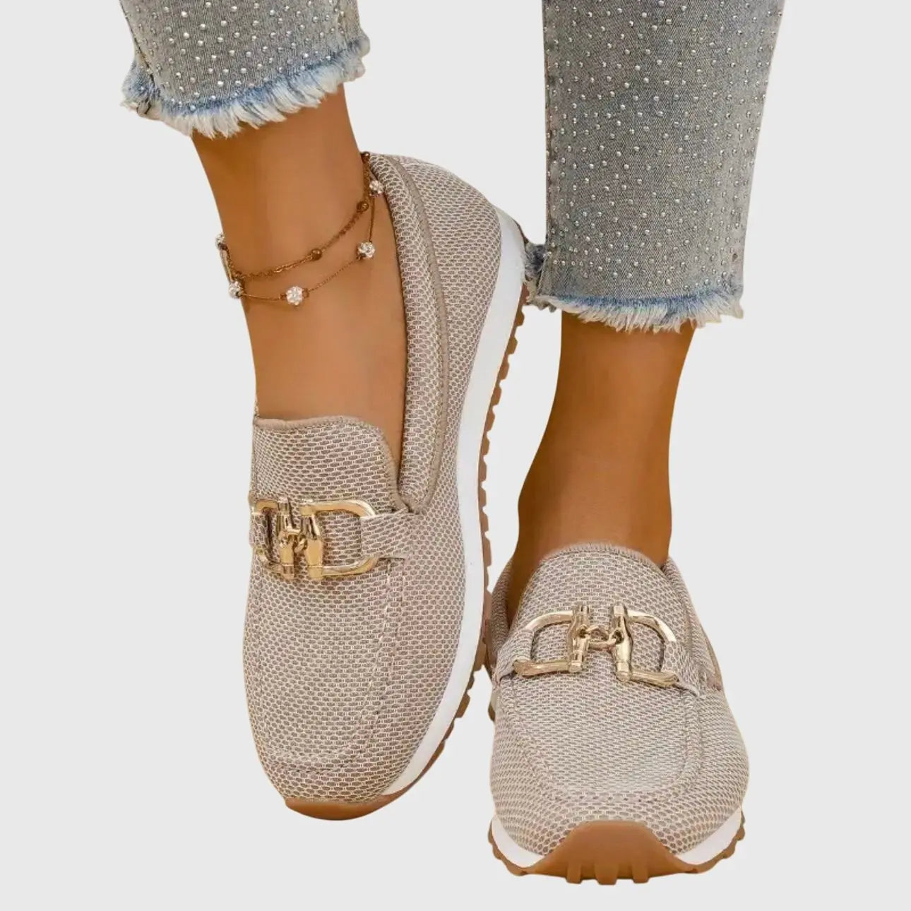Women's Orthopedic Loafers Slip-On Comfort Gold Hardware - Beige