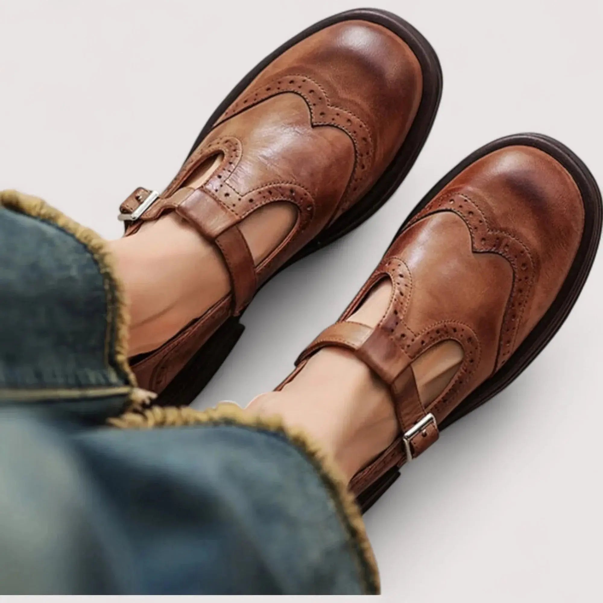 Women's Orthopedic Mary Jane Shoes T-Bar Leather Comfort - Brown