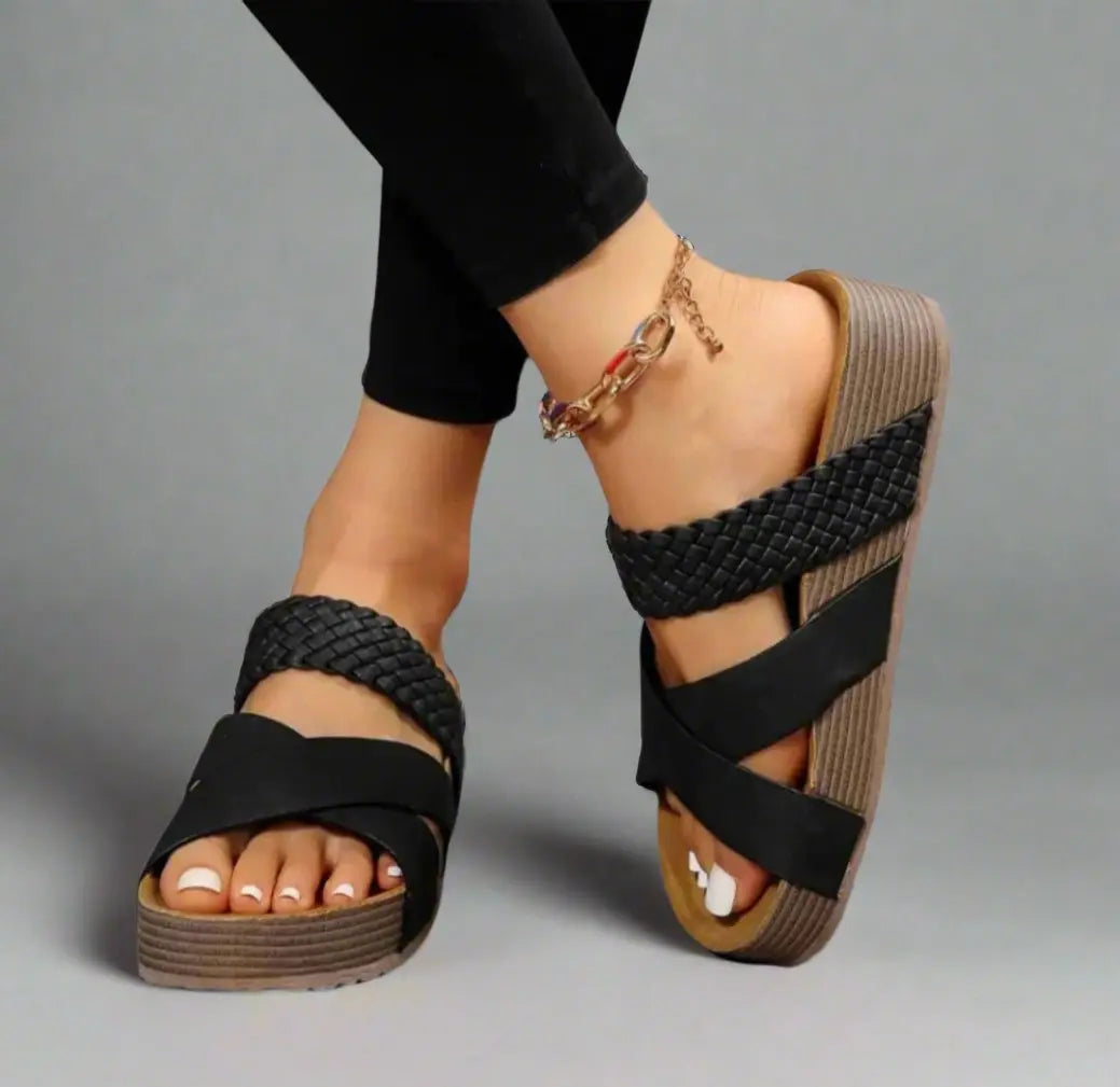Women's Orthopedic Platform Sandals Braided Straps Comfort - Black