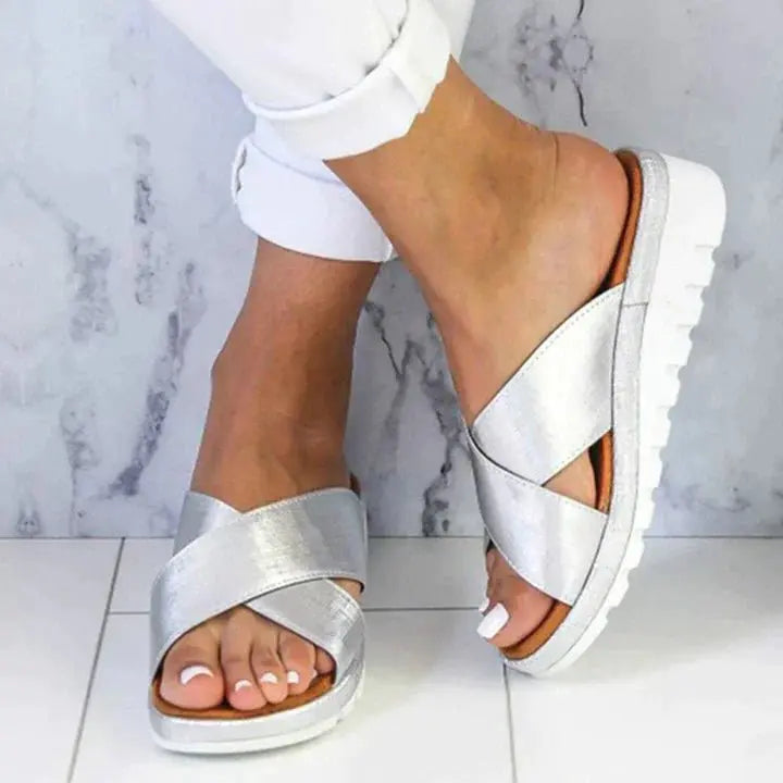Women's Orthopedic Sandals Cross Strap Comfort Sole - Silver