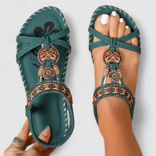 Women's Orthopedic Sandals Strappy Embroidered Comfort - Amazon Green
