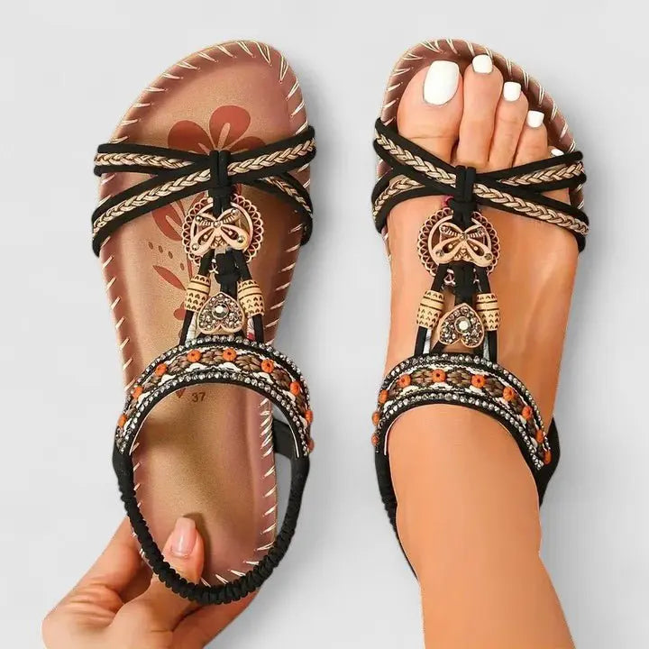 Women's Orthopedic Sandals Strappy Embroidered Comfort - Light Black