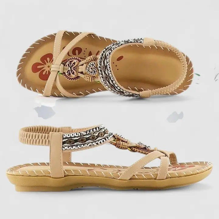 Women's Orthopedic Sandals Strappy Embroidered Comfort - Mahogany Brown
