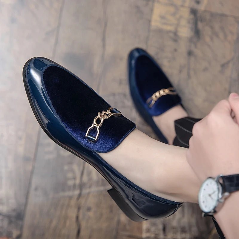 Women's Orthopedic Velvet Loafers with Gold Chain - Blue