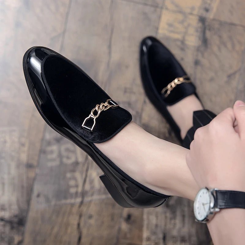 Women's Orthopedic Velvet Loafers with Gold Chain - Black