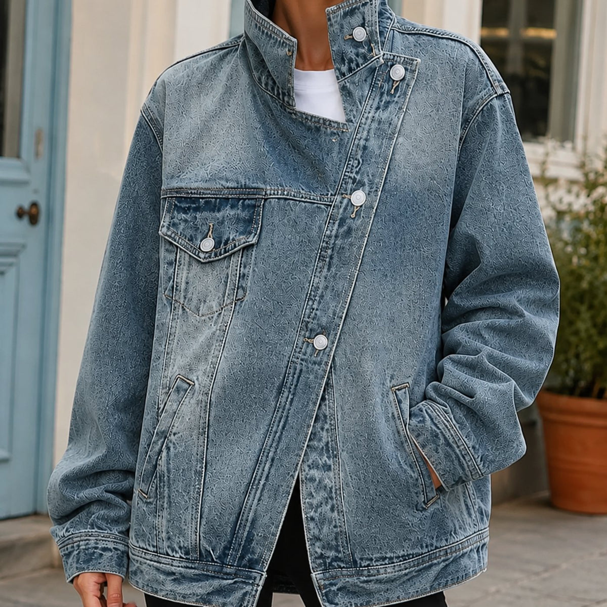 Women's Oversized Asymmetric Button Washed Denim Jacket - Washed Blue