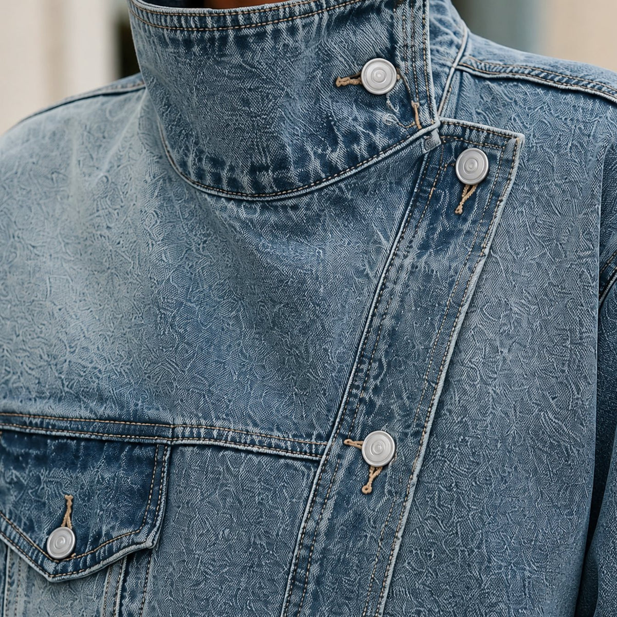 Women's Oversized Asymmetric Button Washed Denim Jacket