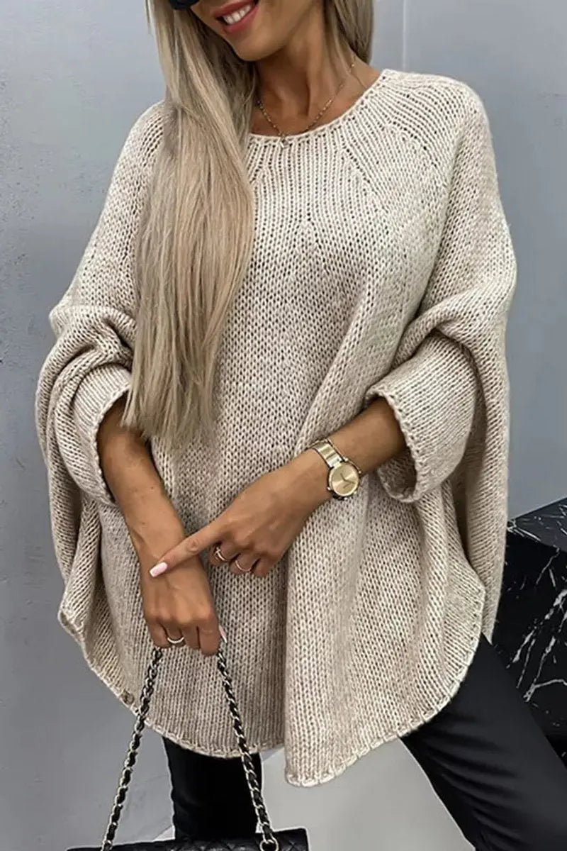 Women's Oversized Batwing Sleeve Round Neck Knit Sweater - Beige