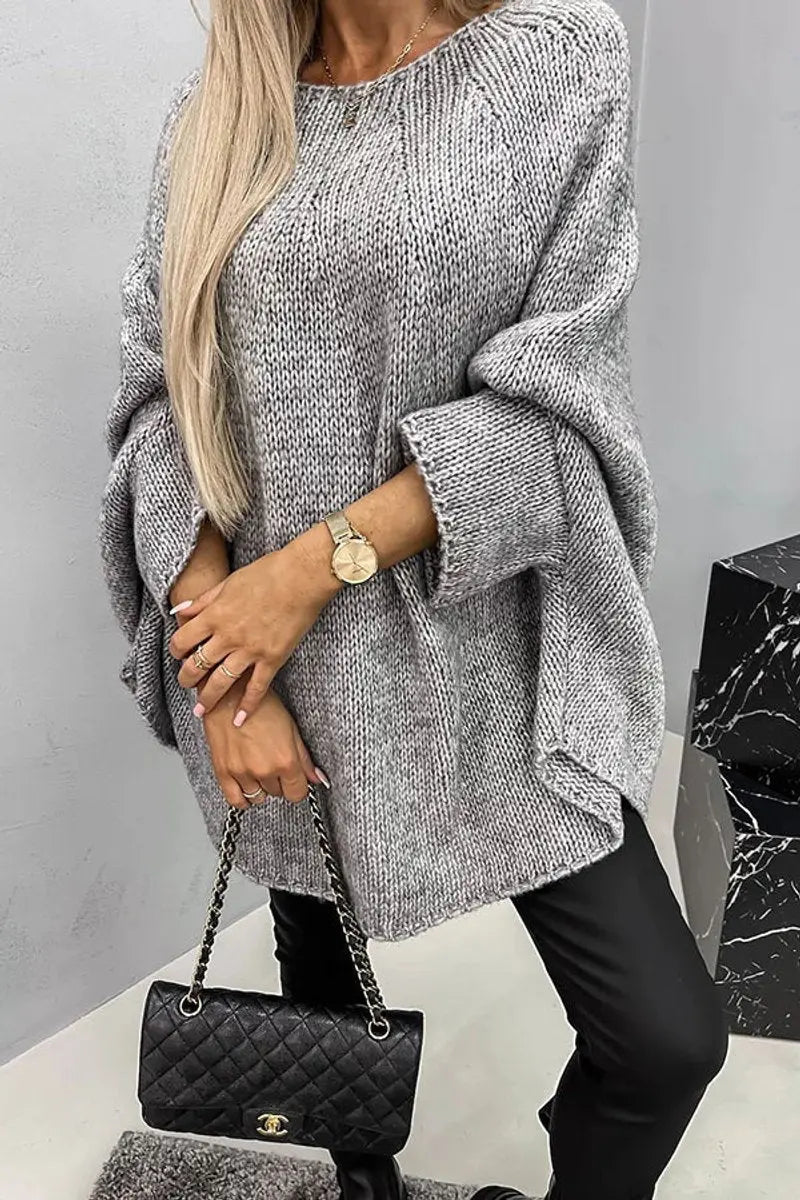 Women's Oversized Batwing Sleeve Round Neck Knit Sweater - Grey