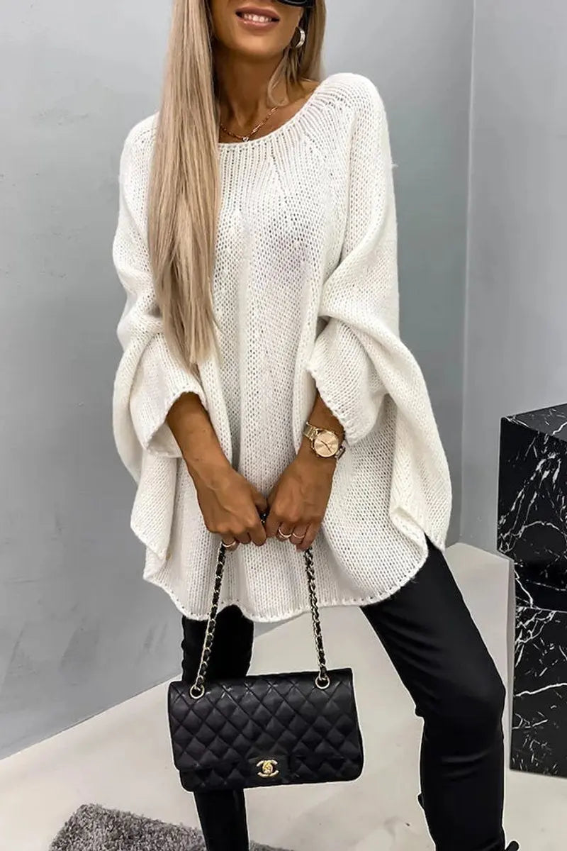 Women's Oversized Batwing Sleeve Round Neck Knit Sweater - Cream