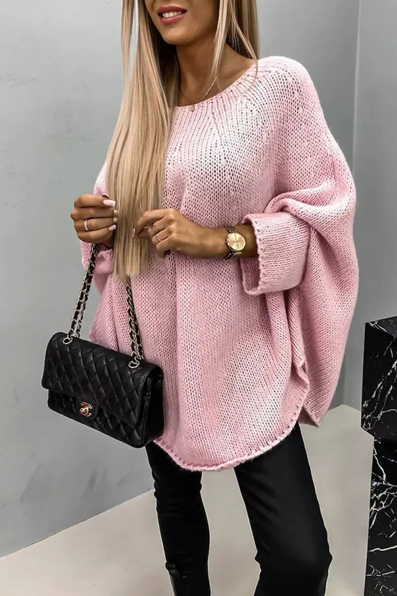 Women's Oversized Batwing Sleeve Round Neck Knit Sweater - Pink