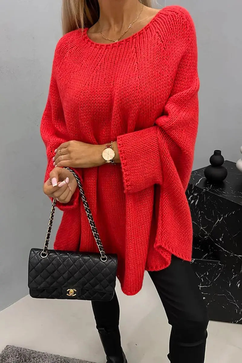Women's Oversized Batwing Sleeve Round Neck Knit Sweater - Red