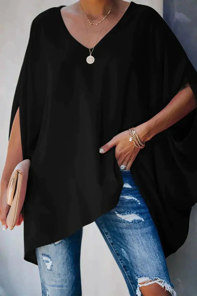 Women's Oversized Batwing-Sleeve V-Neck Tunic Top - Black