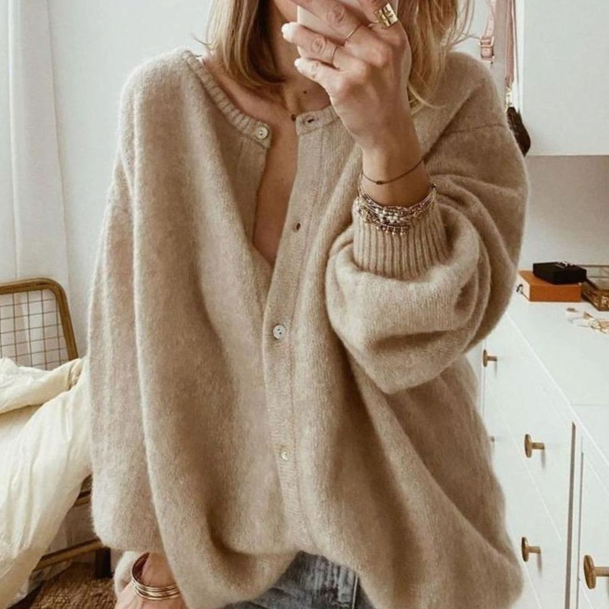 Women's Oversized Button-Up Knit Cardigan Ribbed Cuffs - Brown