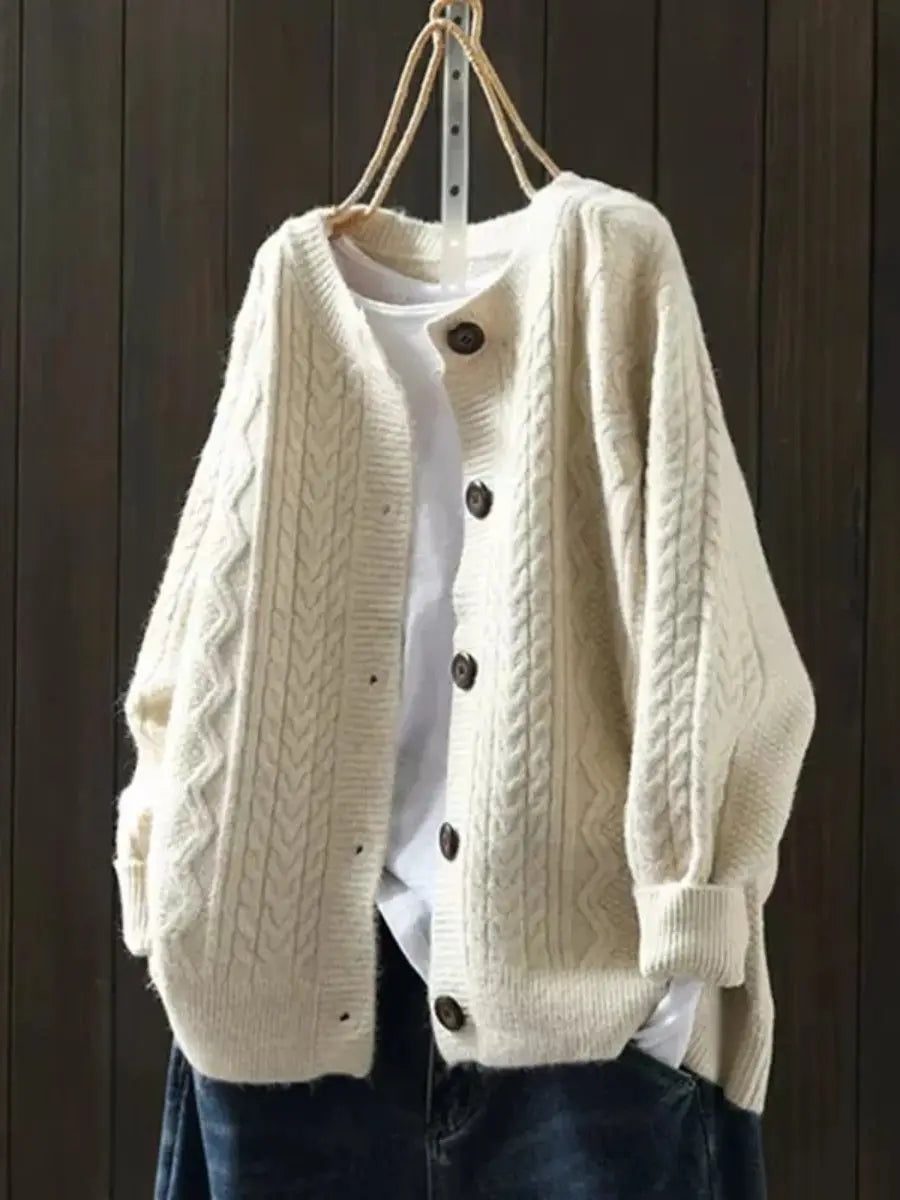 Women's Oversized Cable-Knit Button-Down Cardigan - Beige