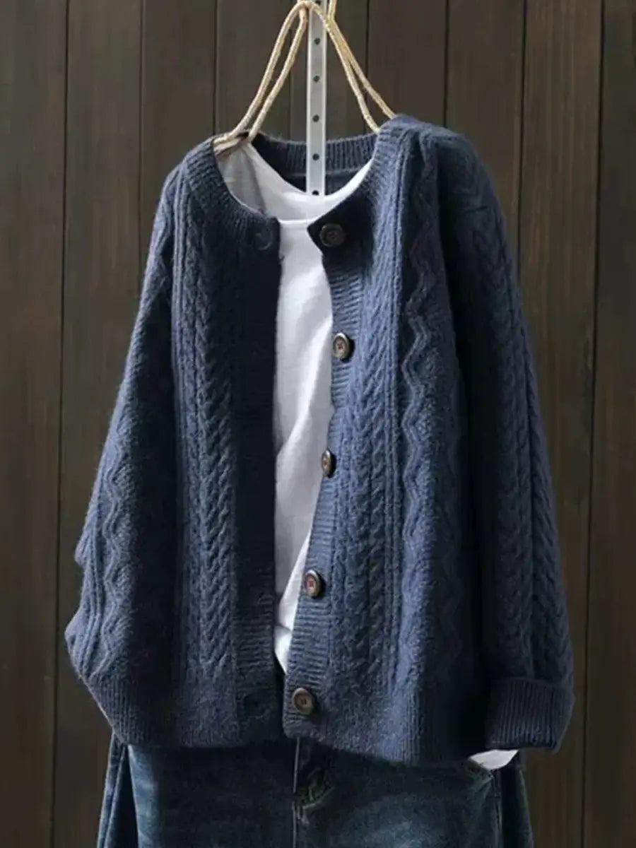 Women's Oversized Cable-Knit Button-Down Cardigan - Navy Blue