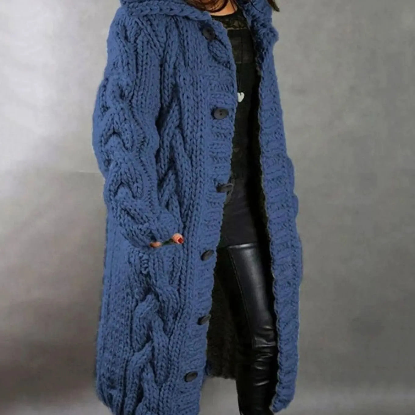 Women's Oversized Cable Knit Hooded Button Cardigan - Blue