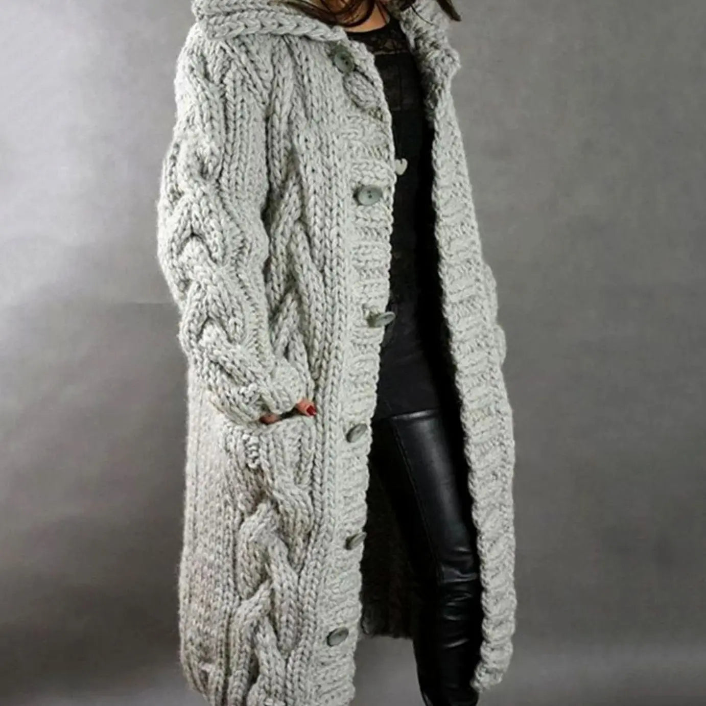 Women's Oversized Cable Knit Hooded Button Cardigan - Silver Grey