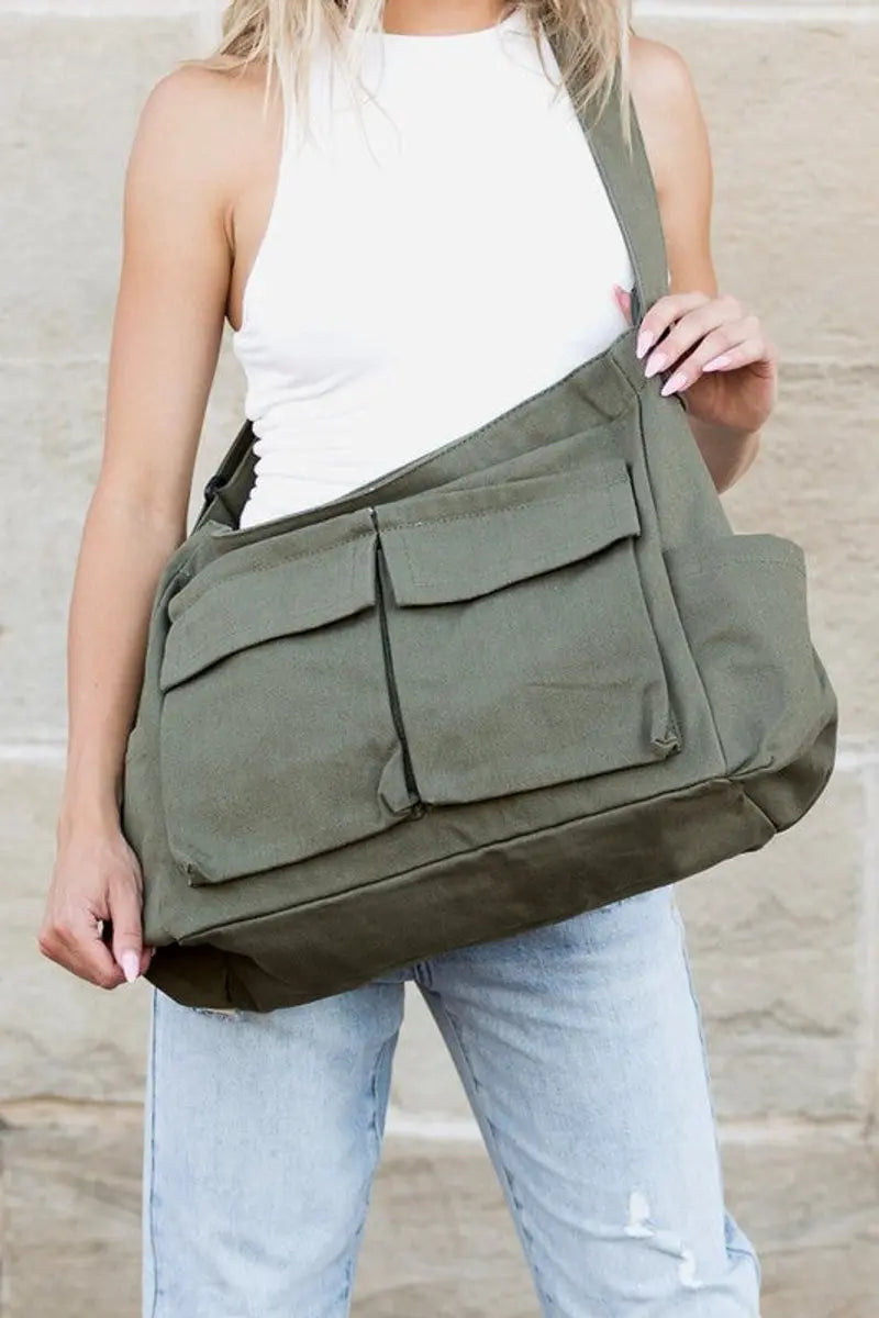 Women's Oversized Canvas Tote Bag Large Messenger Shoulder Bag - Olive