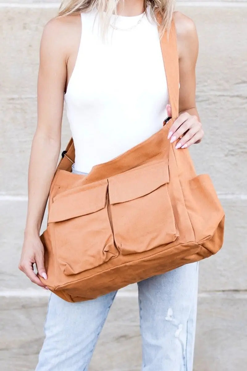 Women's Oversized Canvas Tote Bag Large Messenger Shoulder Bag - Camel