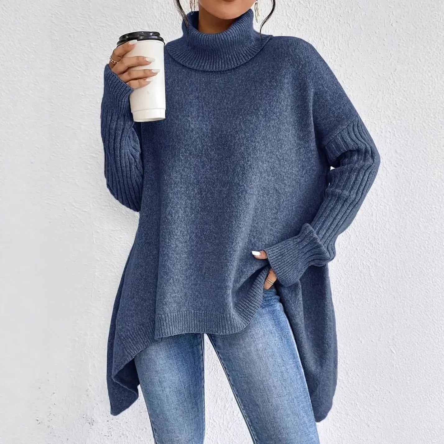 Women's Oversized Cashmere Turtleneck Jumper Longline Knit - Navy