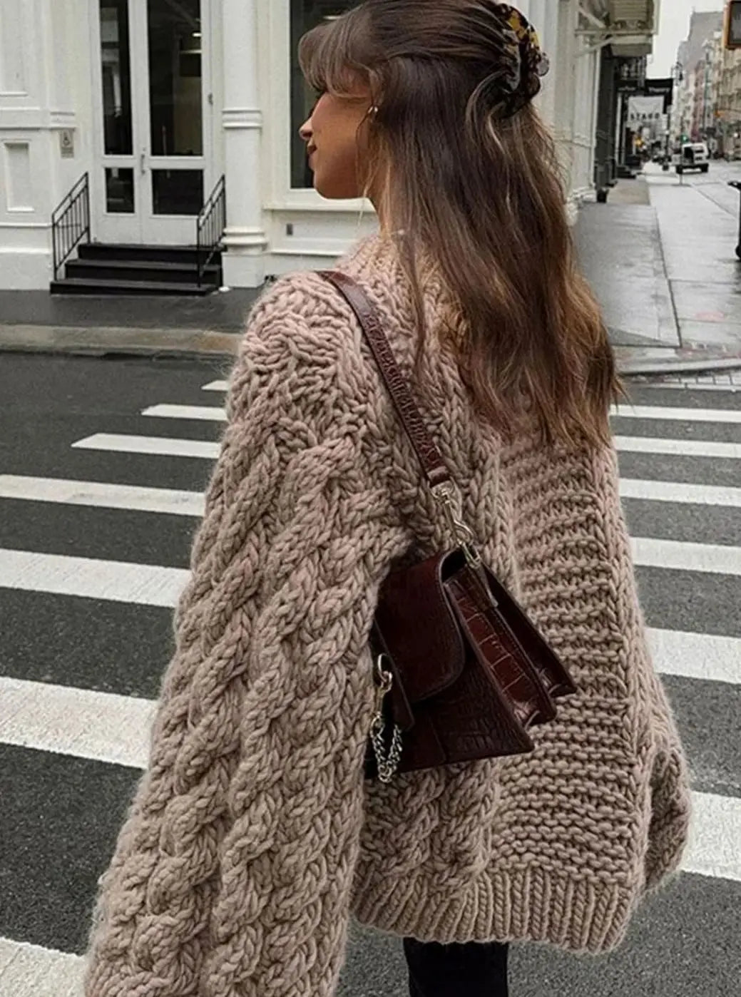 Women's Oversized Chunky Cable-Knit Jumper Dropped Shoulder