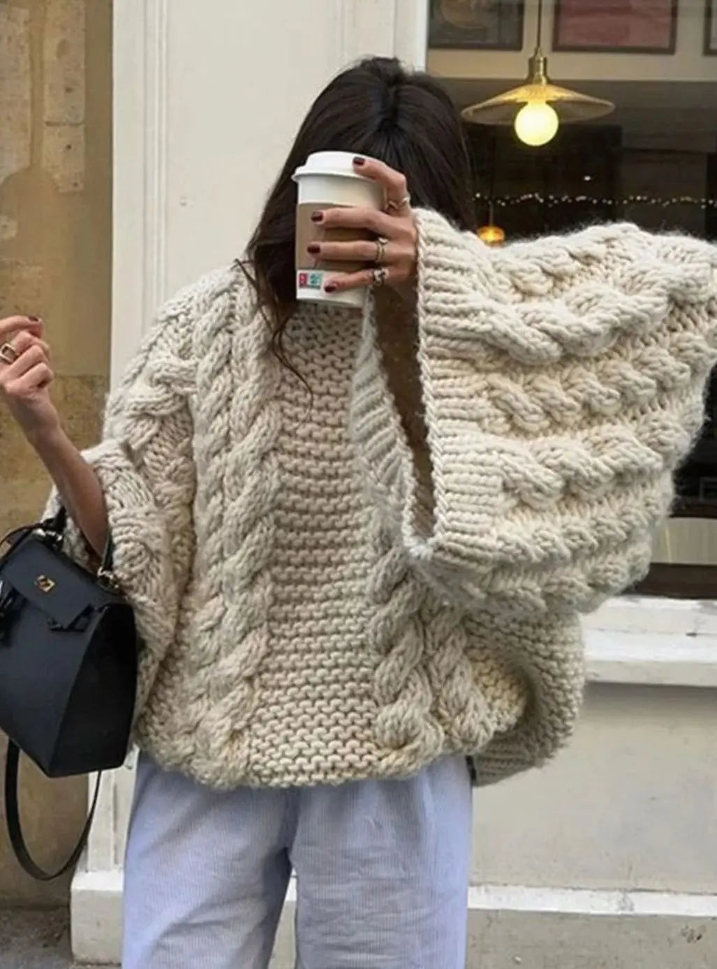 Women's Oversized Chunky Cable-Knit Jumper Dropped Shoulder - White