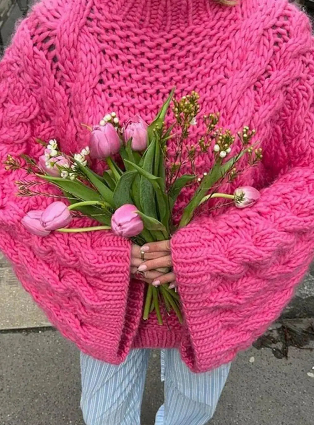 Women's Oversized Chunky Cable-Knit Jumper Dropped Shoulder