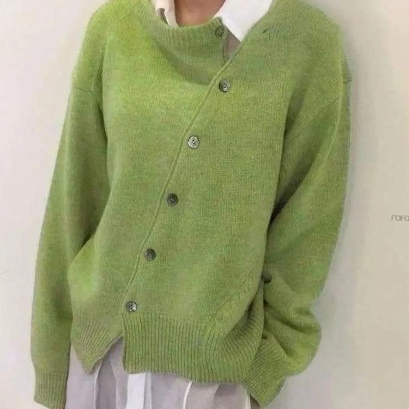 Women's Oversized Chunky Knit Cardigan Button-Front Ribbed Jumper - Green