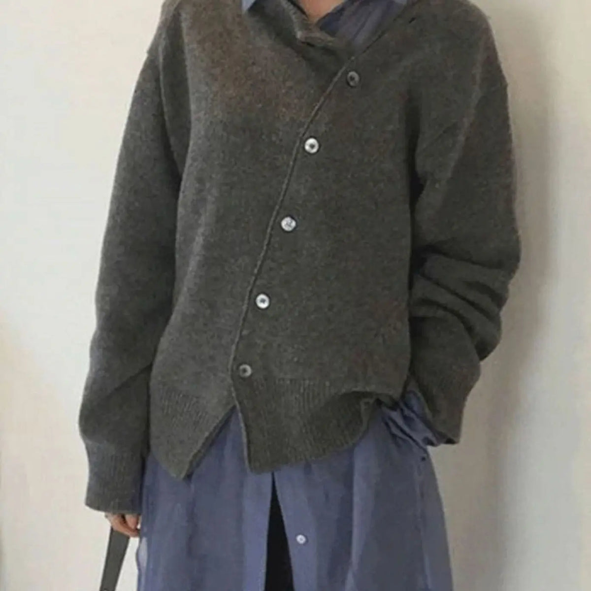 Women's Oversized Chunky Knit Cardigan Button-Front Ribbed Jumper - Grey