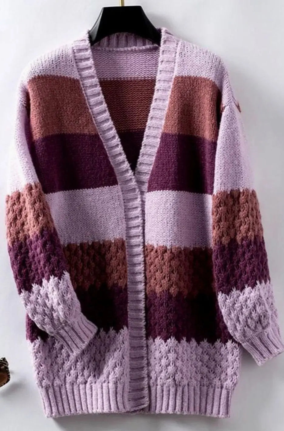 Women's Oversized Chunky Knit Cardigan Open-Front Striped Jumper - Purple